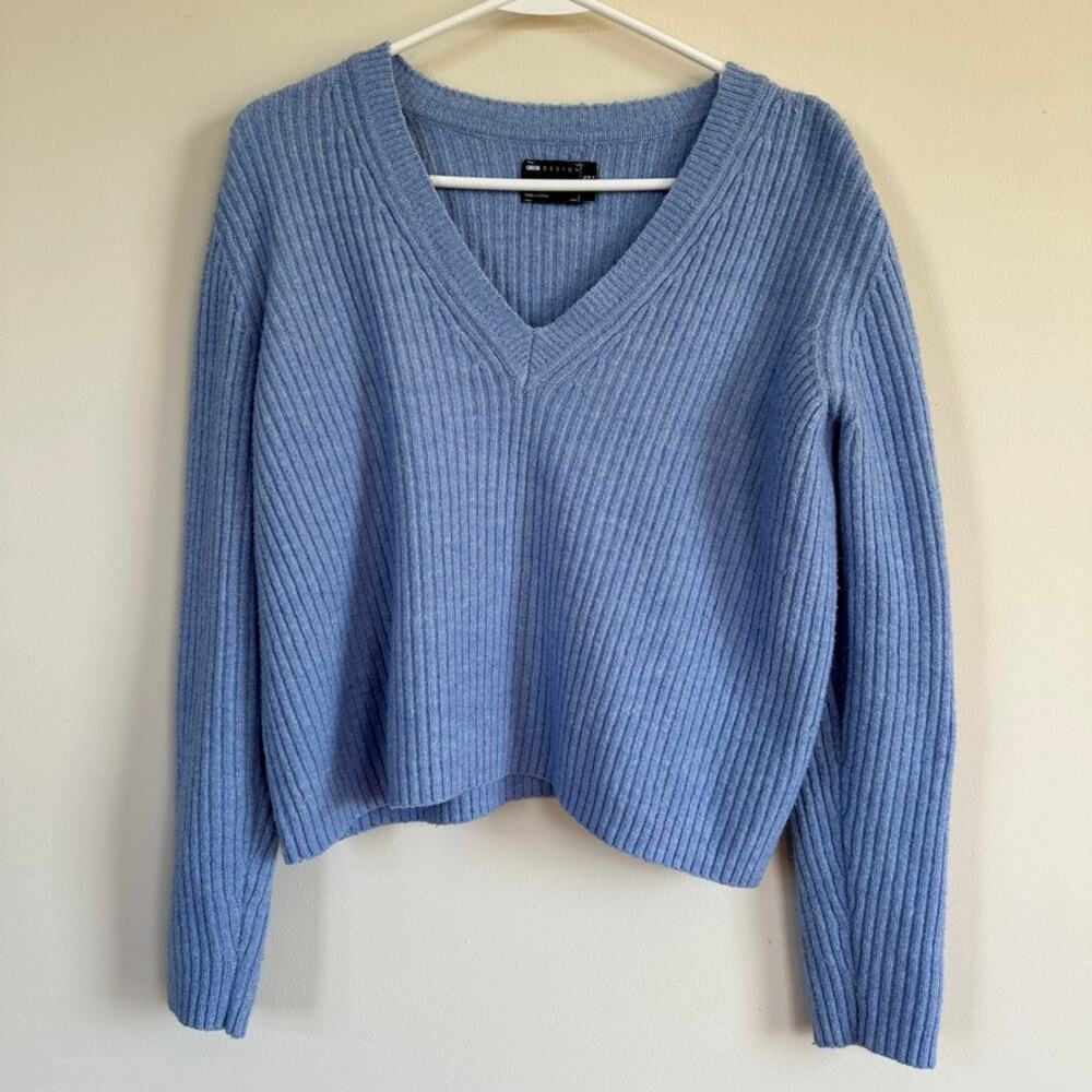 ASOS DESIGN Ribbed Knit Sweater V-Neck Crop Preppy Long Sleeve Blue Womens Sz 6